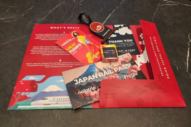 Japan Rail Pass folder with voucher, luggage tag and travel guide
