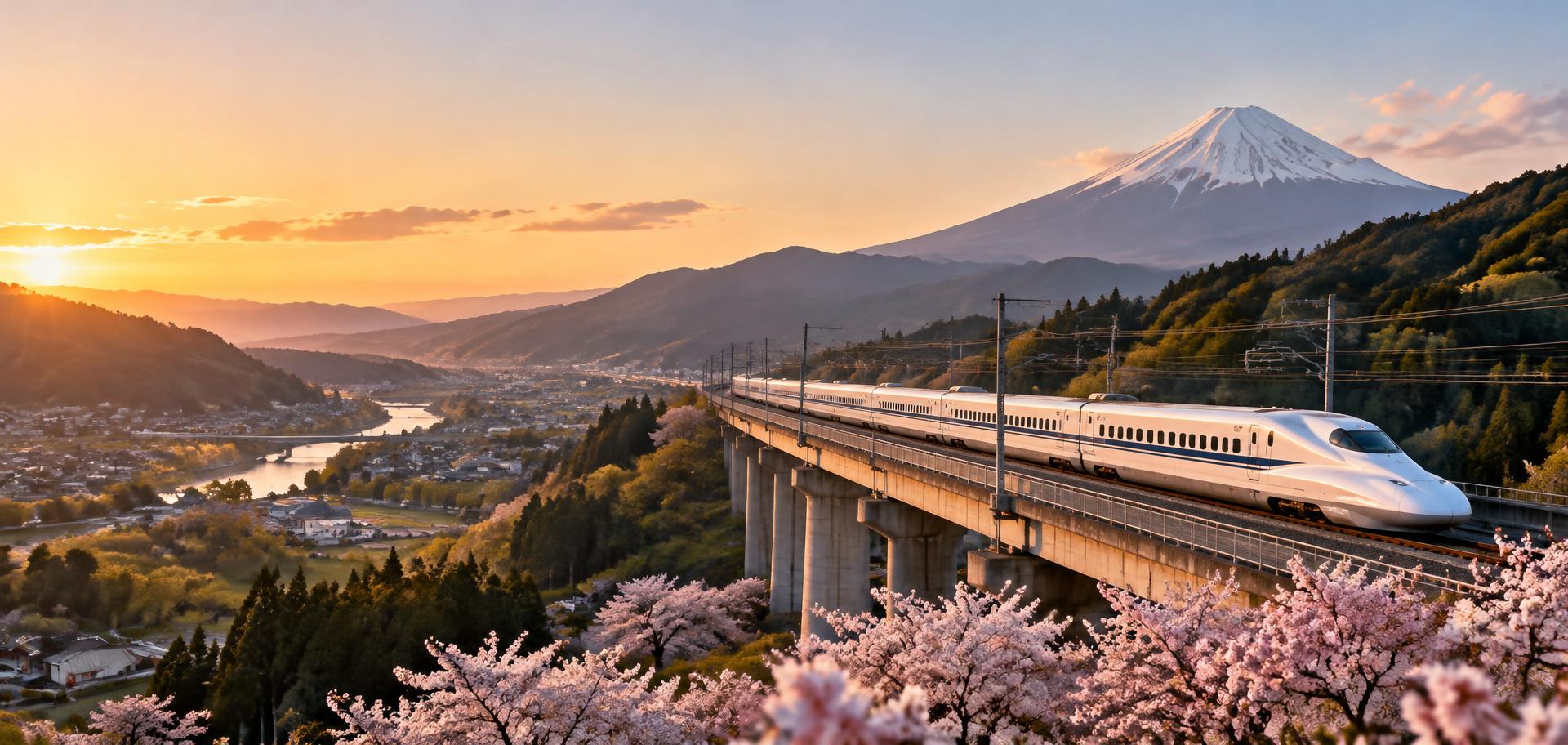Shinkansen bullet train passing Mount Fuji among cherry blossoms