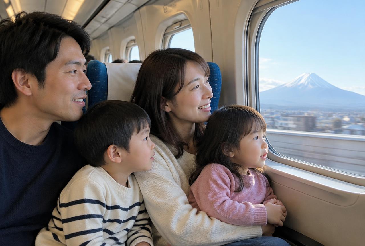 Family with children traveling together on a Shinkansen
