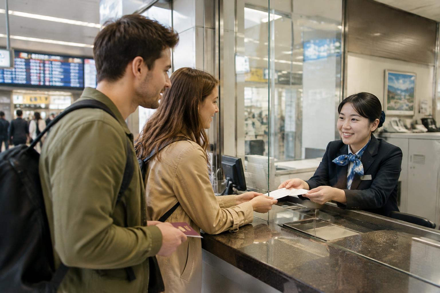 مسافرون يستبدلون Japan Rail Pass الخاص بهم في كاونتر محطة
