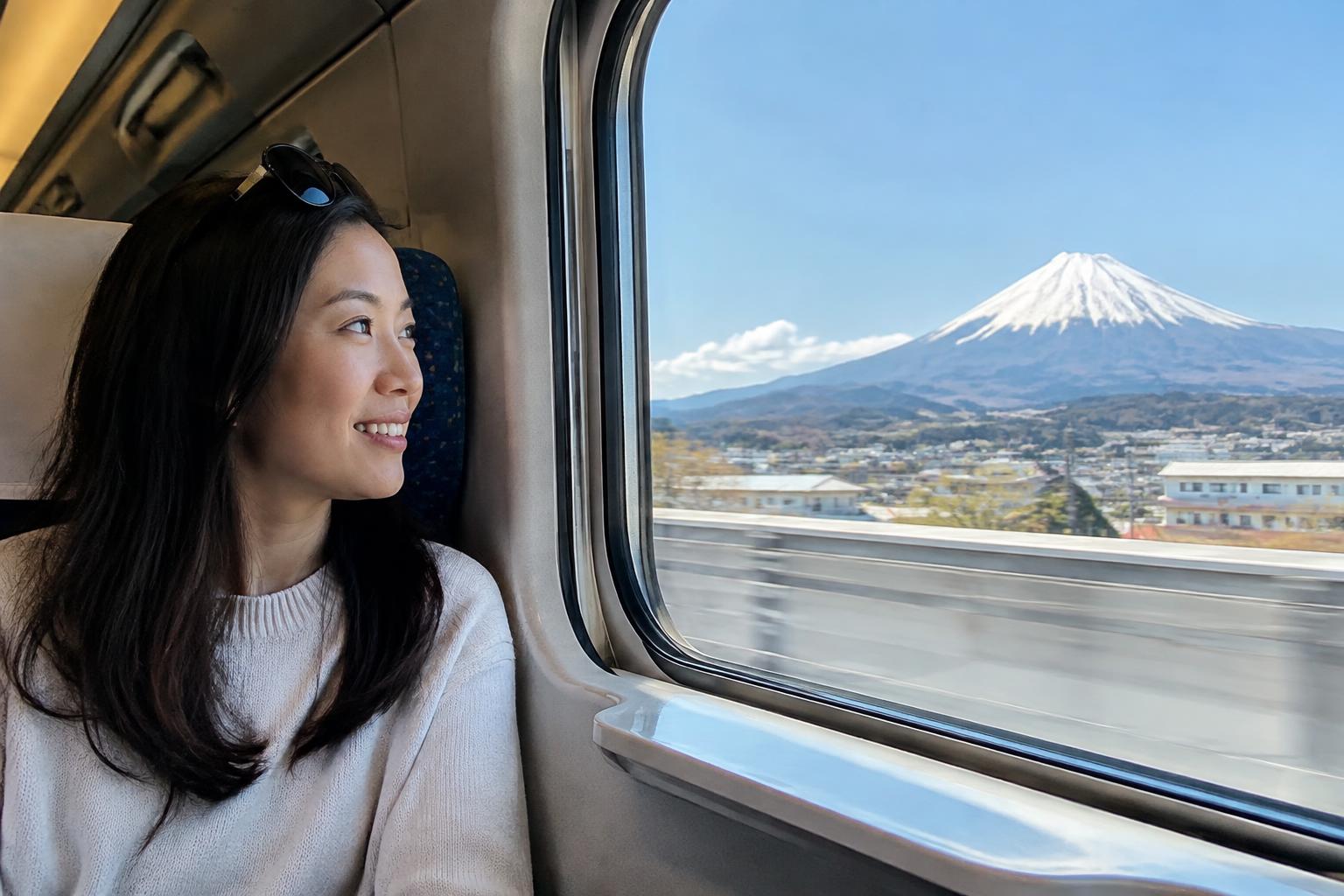 مسافر على متن Shinkansen ينظر إلى جبل فوجي