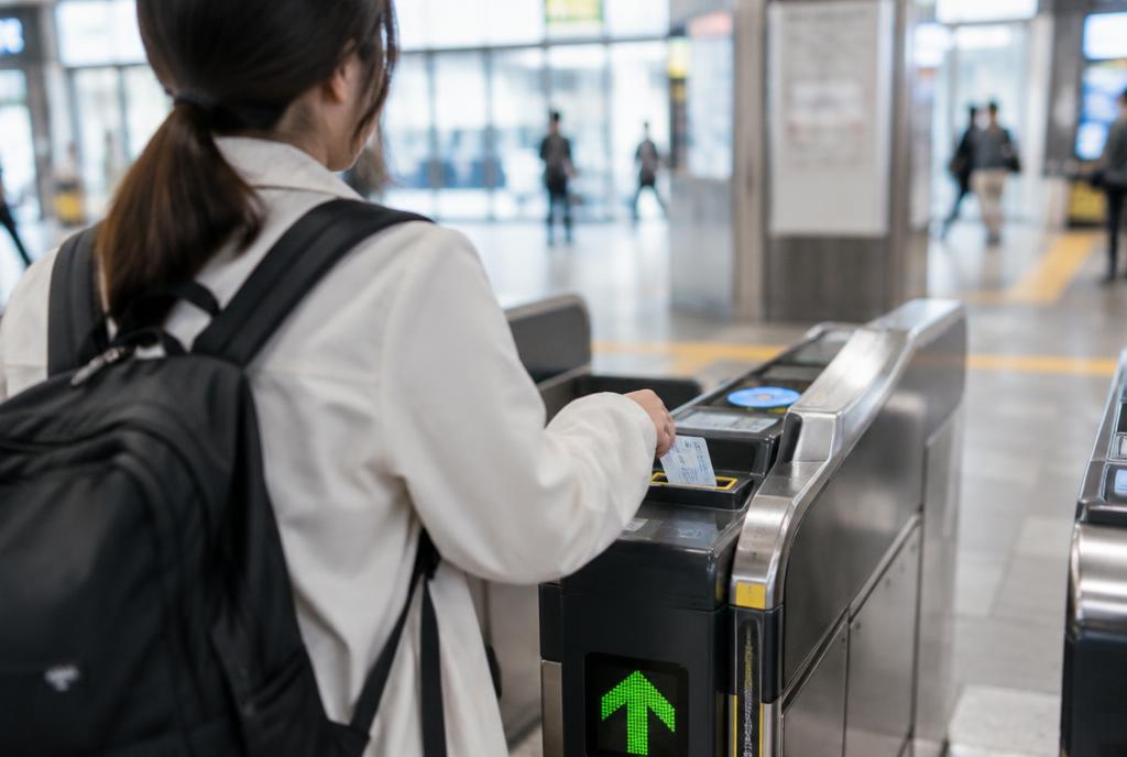 Traveler inserting a rail pass into an automatic ticket gate in Japan