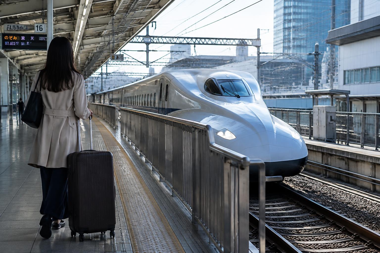 Traveler with a suitcase on a Shinkansen platform